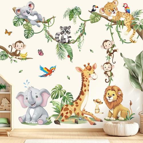 decalmile Stickers Muraux Enfant Animaux de la Jungle Arbre Branche Autocollant Mural Girafe...