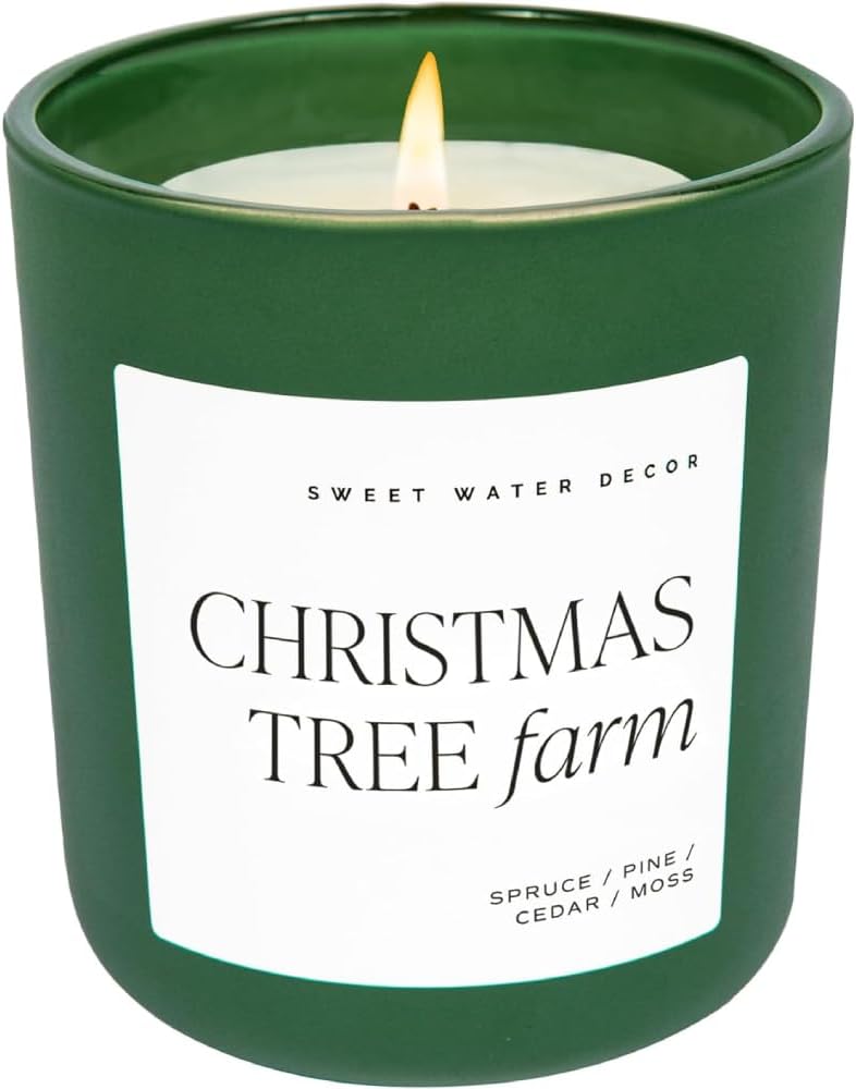 Sweet Water Decor Christmas Tree Farm Candle - Spruce, Cypress, Cedarwood, Pine Scented Candle - 15oz Green Jar, 70+ Hour Burn Time, Made in The USA - Soy Christmas Candles and Decor