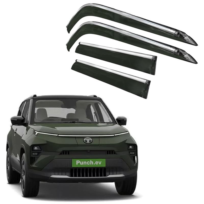 Image of CAR SAAZ Side Door Visors for Punch EV (2024-Present)(Set of 4Pcs)|Chrome Lined Rain Guards, Polycarbonate, Smoke Finish