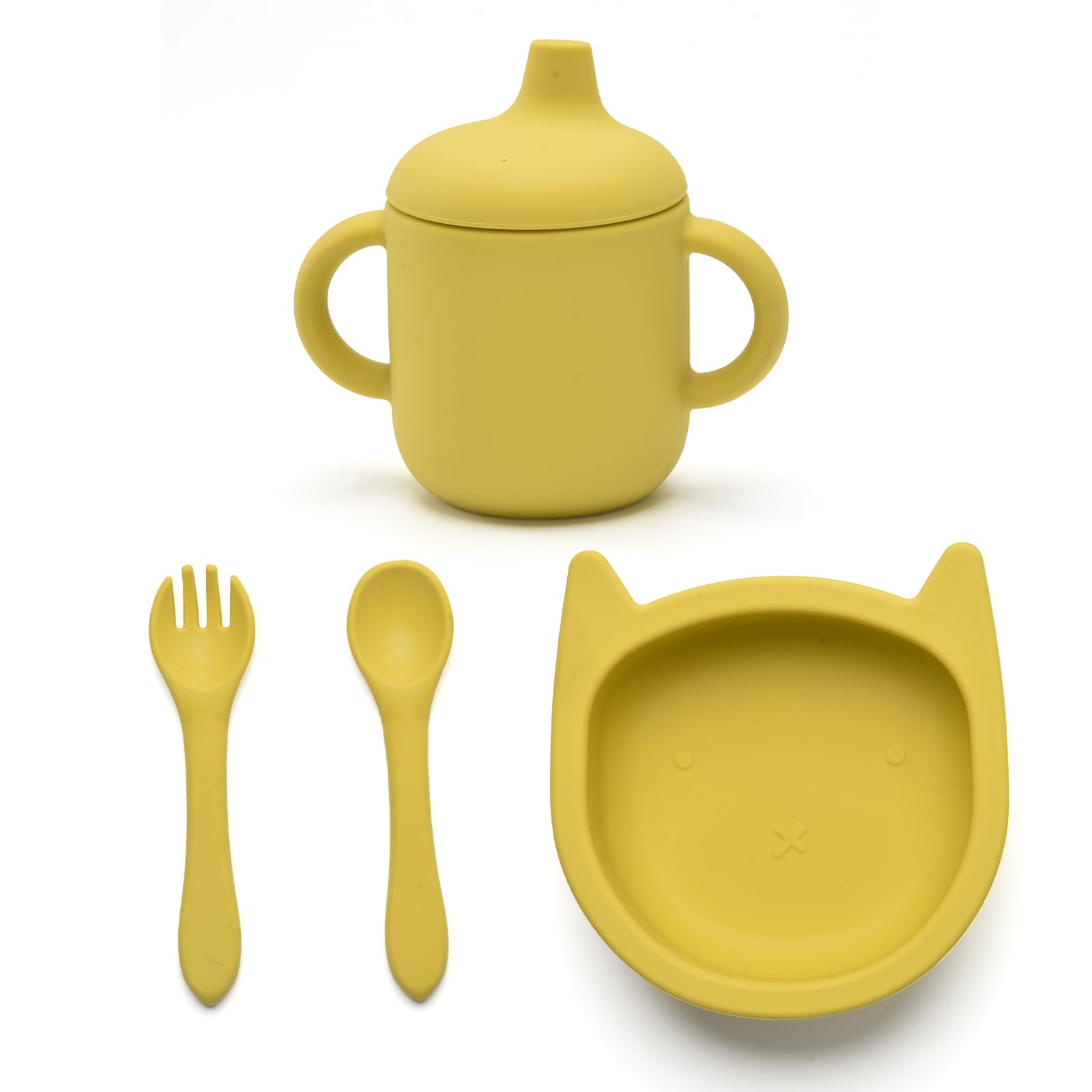 Imagination Junction Silicone Feeding Set, Suction Cup Bowl, Silicone Spoon and Fork, Cutlery Feeding Supplies, 4 Piece Set/yellow (Yellow)