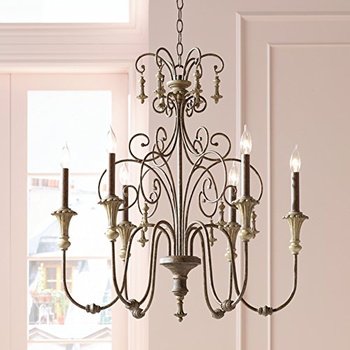 kathy ireland Bronze Beige Chandelier Lighting 28" Wide Rustic French Scrolled Tiers Frame 6-Light Fixture for Dining Room House Home Foyer Kitchen Entryway Bedroom Living High Ceilings