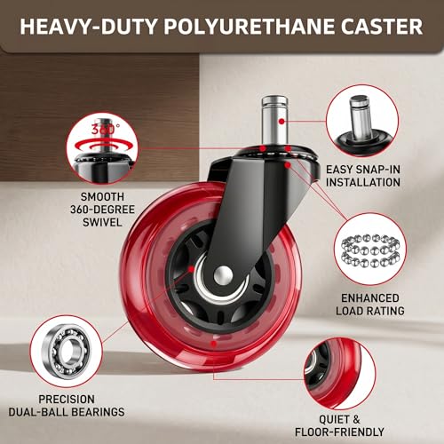 Image of 3 Inch Office Chair Wheels, Set of 30 (Red) | Heavy Duty Replacement Casters for Hardwood Floor & Carpet, Smooth Quiet Roll, Universal 11mm Stem, Non-Marking PU Wheels