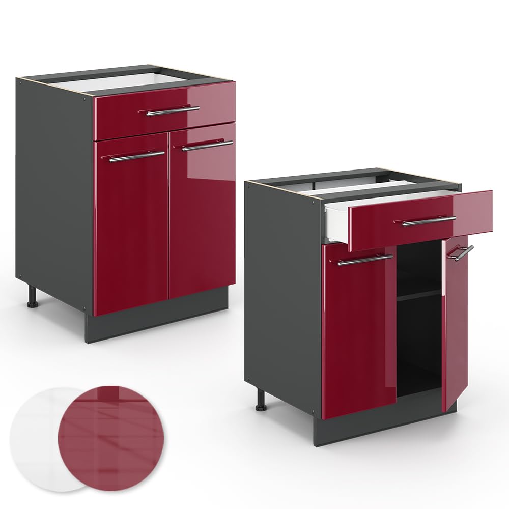 Vicco Meuble Cuisine Fame-Line, Rouge Bordeaux Haute Brillance, 60cm avec tiroir, sans PT, à Combiner avec d'autres modules de la série Fame-Line