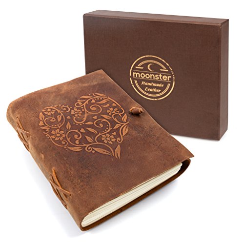Moonster Leather Journal For Women, Handmade Vintage Journal Leather Sketchbook For Daily Drawing & Writing, Leather Bound Journal Notebooks, Travel Journal For Women, Heart Leather Notebook Unlined #TOP7