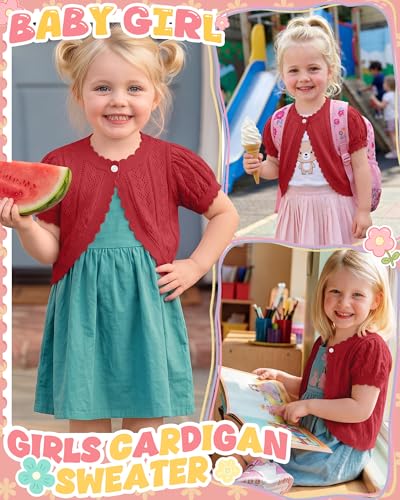 Image of Toddler Girls Cardigan Sweater | Short Sleeve Cardigan, School Wear Sweater, 18M-5T, Knit Baby Bolero Shrug, Cropped Puff Summer Tops, Button Open Front Shirt