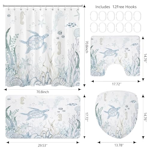 4 Pcs Sea Turtle Shower Curtain Set, Blue Ocean Beach Theme, 72x72 Inch by RASEONG - Used condition - Image 4