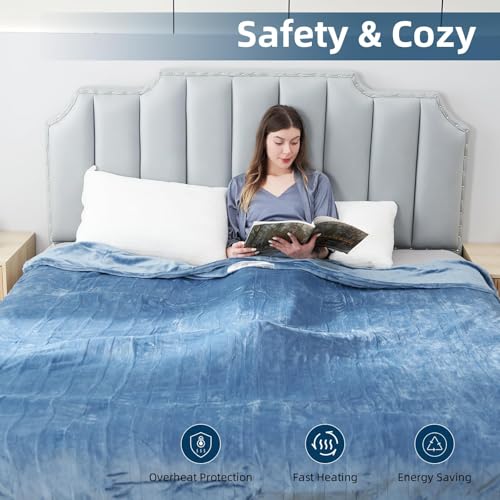 Electric Heated Blanket Throw Size, 50" x 60" Heated Throw with 6 Heating Levels & 3 Hours Auto Off, Machine Washable, ETL & FCC Certified Home Office Use, Blue