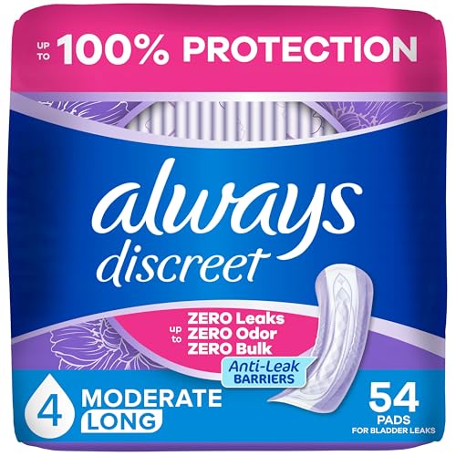 Always Discreet Adult Incontinence Pads for Women, Drier, 4 Drop Long Length, Moderate Absorbency, Pads for Bladder Control Management, Bladder Leaks, & Postpartum Pads, 54ct