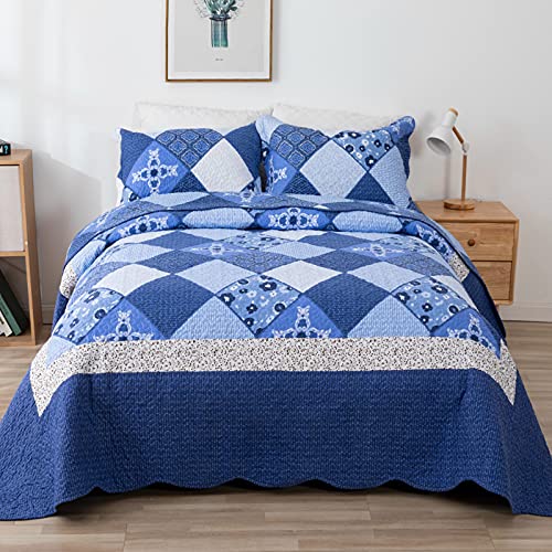 Blue Patchwork Quilt Set Queen Size Floral Reversible Quilted Bedspread Coverlet Set 3-Piece Lightweight Comforter Stitched Quilt Bedding Set Bed Sheet Cover Blanket With 2 Pillow Shams For All Season #TOP2