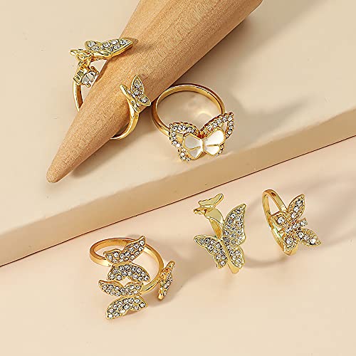 5 Pcs Butterfly Statement Rings Set for Women Girls Wedding Promise Engagement Cubic Zirconia Gold Plated Open Band Knuckle Rings Comfort Fit Fashion Christmas Birthday Jewelry Gifts4