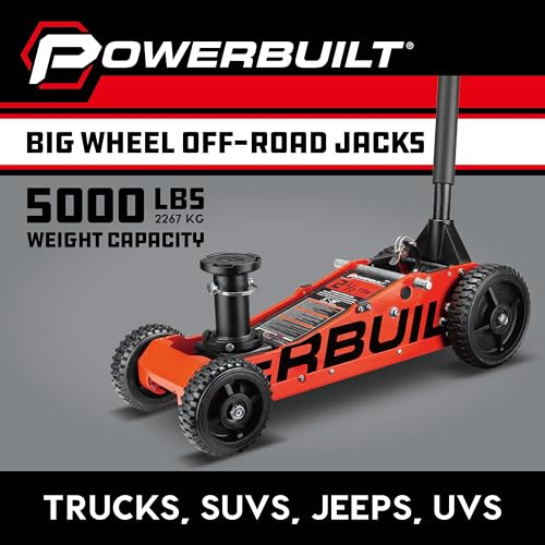 Image of Powerbuilt 2.5 Ton Big Wheel Off Road Jack, Vehicle Lift for Trucks, SUVs, ATVs Offroad Vehicles, Oversized Wheels for Rugged Terrain, 5000 LB Capacity, Orange 620703ECE