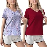 ENJOYNIGHT 2 Pack Womens Pajama Tops Cotton T-Shirt V-Neck Soft Sleep Pj Shirt Short Sleeves (Large, WR+PU)