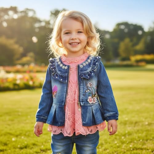Image of Peacolate 6M-4Years Spring Fall Baby Girls Clothing Set 3pcs Long Sleeve Dress Denim Jacket and Jeans