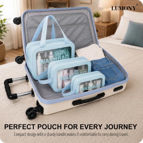 LUMONY Makeup Pouch Bag Set of 3, Blue Pack of 3 - Image 5