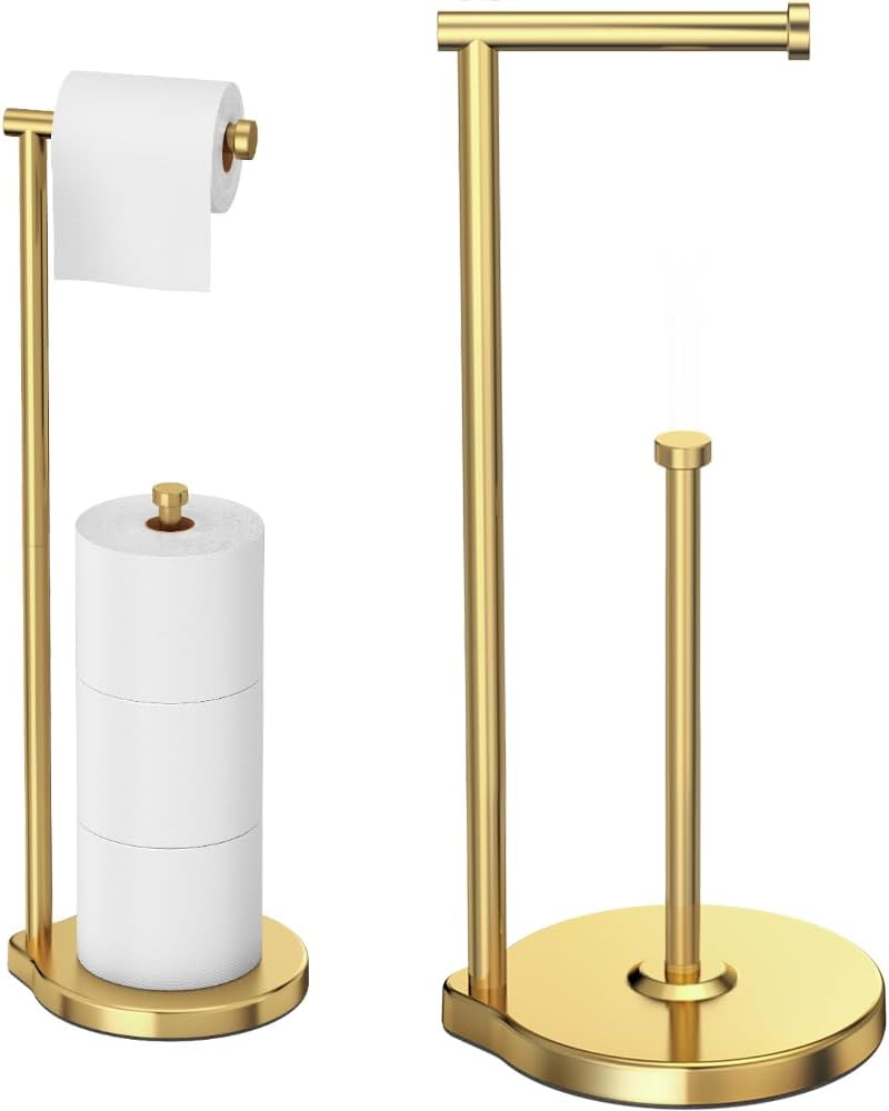 theaoo Heavy-Duty Toilet Paper Holder Stand – Modern Freestanding Bathroom Toilet Tissue Paper Roll Holder with Reserve & Storage, Stainless Steel (Gold, Free Standing)