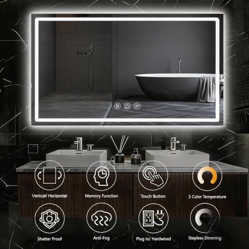 Image of 50 inchx 32 inch LED Bathroom Mirror with Light, Front and Backlit LED Mirror for Bathroom, Anti-Fog, Stepless Dimmable, 3 Colors, LED Vanity Mirror with Lights, Memory Function, Tempered Glass