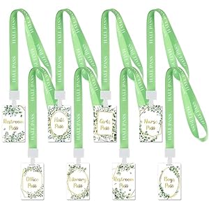 Set of 8 Eucalyptus Unbreakable PVC Hall Pass Lanyards and School Passes Set School Supplies Teacher Supplies for Classroom Elementary Middle School Restroom Library Office