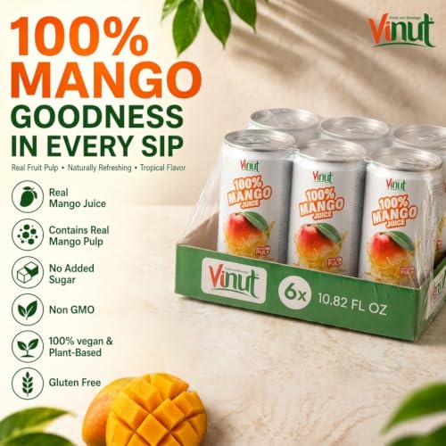 Image of VINUT 100% Mango Juice with Pulp, Tropical Fruit Nectar, No Added Sugar, Not From Concentrate, Gluten Free & Non-GMO Drink, 100% Vegan /Plant-Based, 10.82 fl oz Cans (Pack of 6)
