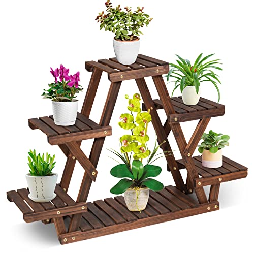 RELAX4LIFE Scaffale per Piante in Legno di Abete a Doghe, Portafiori a 3 Strati, Espositore Multiuso da Interno ed Esterno (Modello 11)