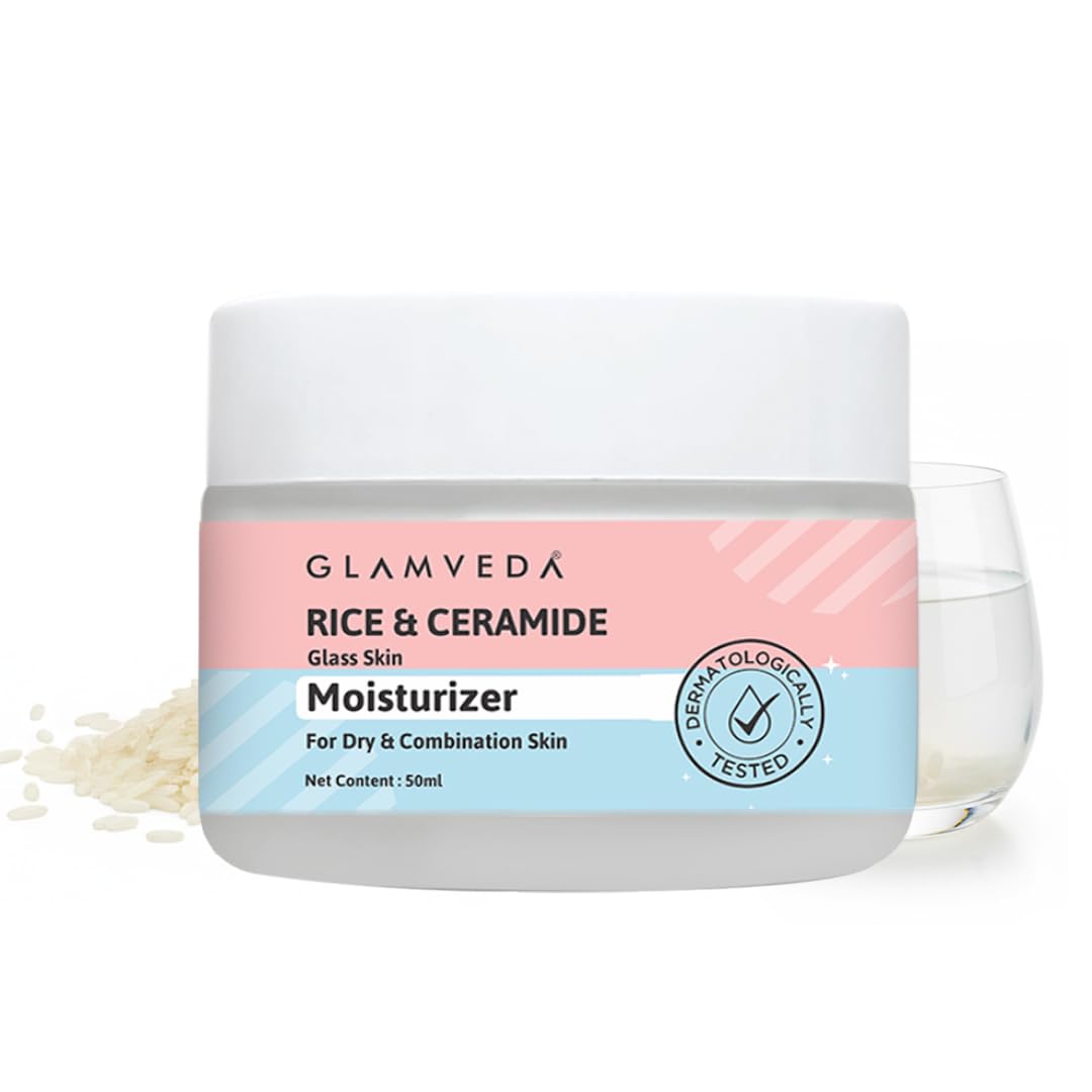 Glamveda Rice & Ceramide Face Moisturizer Cream For Dry & Oily Skin | Skin Barrier Building & Nourishing | Fine Lines Wrinkles, Age Spots & Hyperpigmentation | No Paraben, Sls | Pack Of 1 50ml