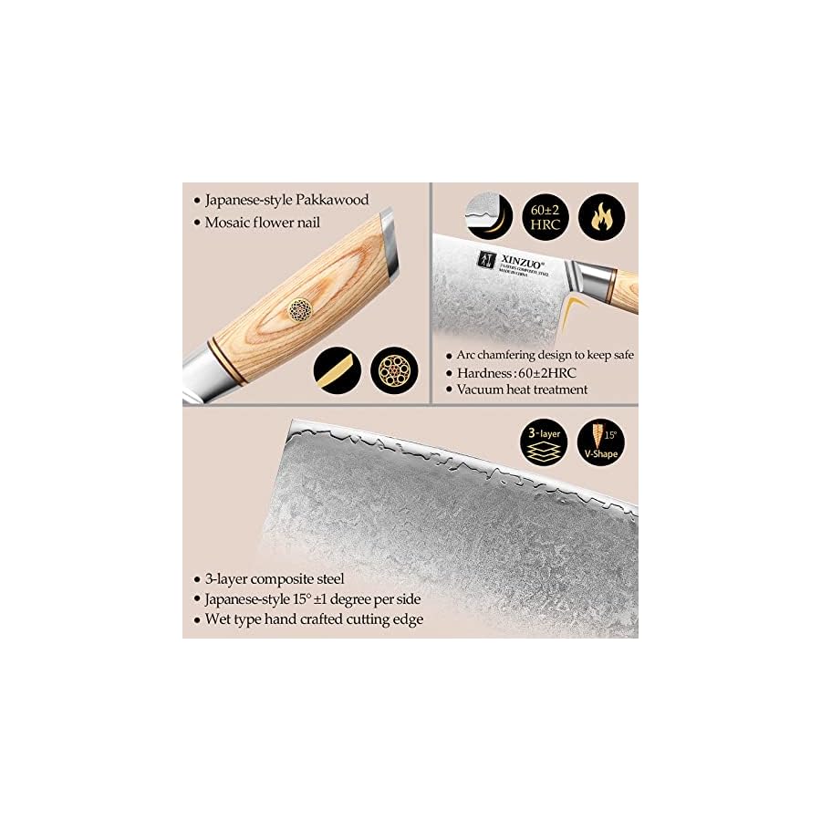 XINZUO 7.5 Inch Cleaver Knife,Composite Steel Chinese Chef Knife,Professional Butcher Knife 3 Layers Clad Steel,Sharp Kitchen Meat Vegetable Knife Stainless Steel Cooking Knife-Pakkawood Handle