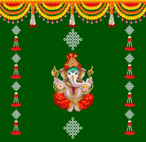 Image of vinayaka Backdrop Cloth | Ganesh Pooja Background Cloth 5x5 Feet | Background Screen for Pooja Decoration | varalakshmi puja Decoration Cloths