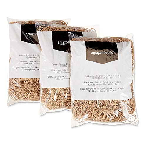 Image of Amazon Basics Rubber Bands, Office Supplies, Size 19 (3-1 /2 x 1 /16 Inch), Stretchy, 1250 Bands /1 lb. Pack, 6-Pack, Tan