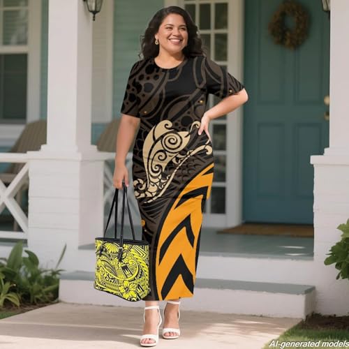 Image of Polynesian Dress for Women Short Sleeve High Waist Maxi Skirt | Puletasi dress, t-shirt and skirt two-piece, elastic material, lightweight, soft, plus size, luau party, wedding, clubwear