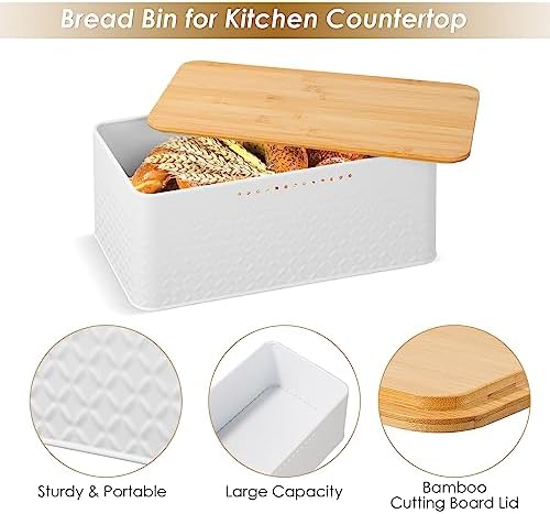 Worephu Bread Bin Bread Storage Box with Bamboo Lid, White Bread Storage Container Bin, for Kitchen Countertop Organizer (White)