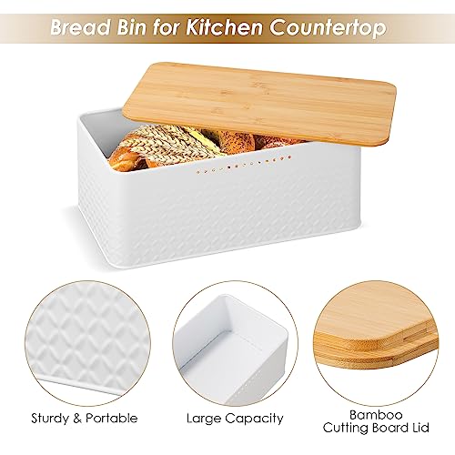 Chuboir Bread Bin, Metal Bread Box with Bamboo Lid Usable as Cutting Board, Bread Storage Container Holder for Kitchen Countertop, 13 x 7 x 5.3 inch (White) - Image 2