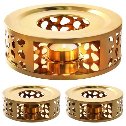 DAKFOOK 3 Pack Gold Teapot Warmer, Stainless Steel Teapot Warmer with Tealight Holder and Hollow Frame Design, Teapot Base for Heating Tea Sets Coffee Milk