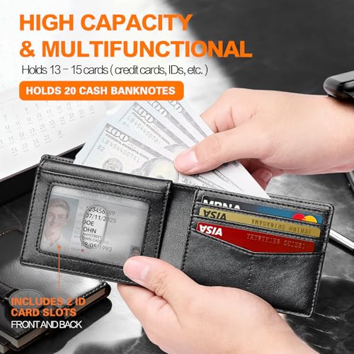 Image of Wallet for Men Slim RFID Blocking Bifold Carbon Fiber,Minimalist Small Compact Front Pocket Credit Card Holder,Thin Mens Leather Wallets Smart Security With 2 ID windows 1 Cash (Oil Wax Black)