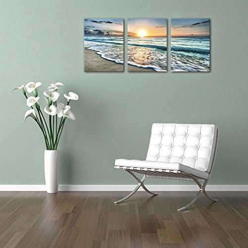 Canvas Wall Art Beach Sunset Ocean Waves Wall Decor 3 Pieces X 12" X 16" Modern Seascape Canvas Artwork Contemporary Nature Pictures Painting Giclee Prints Framed Ready To Hang For Home Decoration #TOP1
