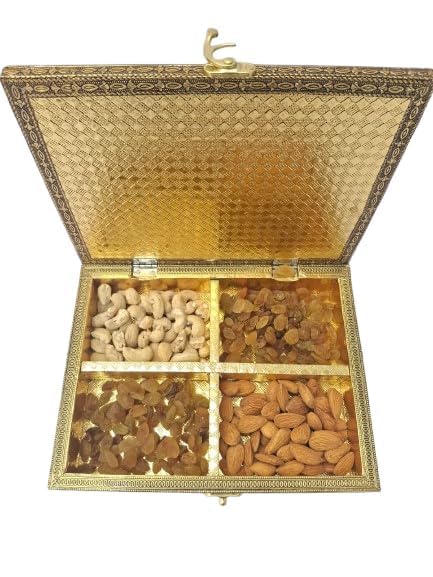 Swarahandier Radhe Krishna Gold-Plated Dry Fruit Box | Traditional Tambul Box Sauf Supari Box 4 Section Empty Dry Fruits Storage Box Oxidized Decorative Sweets Mukhwas Sopari Gift Box 1