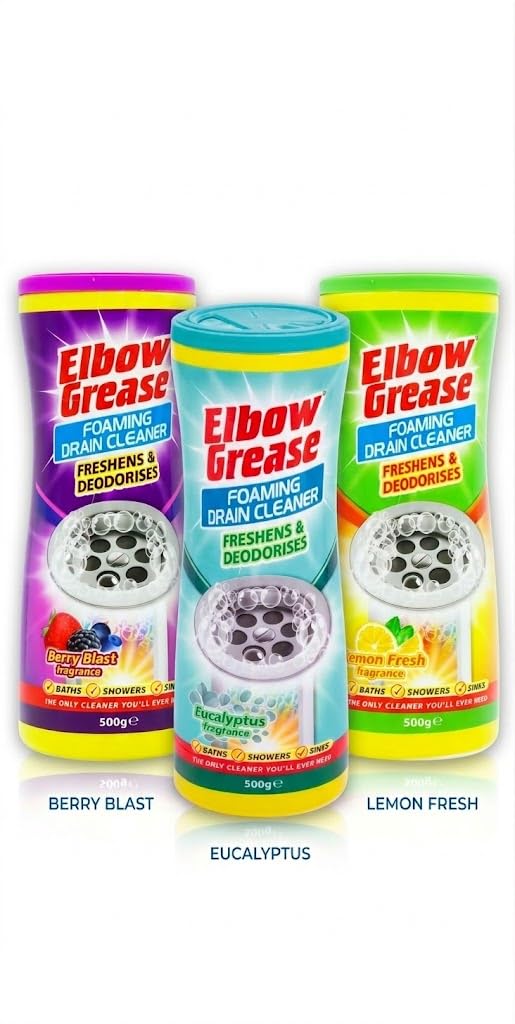 Elbow Grease Foaming Drain Cleaner – Berry Blast, Lemon Fresh & Eucalyptus – Powerful Sink & Pipe Unblocker, Deodoriser for Kitchen, Bathroom & Shower Drains - 500g x3