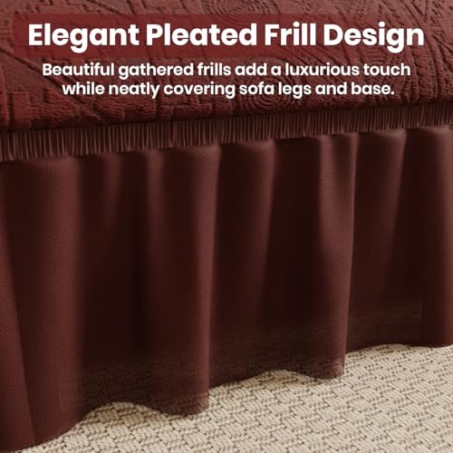 Image of Lukzer 1 Seater Jacquard Sofa Cover with 360 Frill Skirt - Pastel Deep Maroon Tribal Pattern | 240 GSM Stretchable Anti-Slip Fully Covered Universal Couch Cover for Living Room (90-140CM /SC-135-01F)
