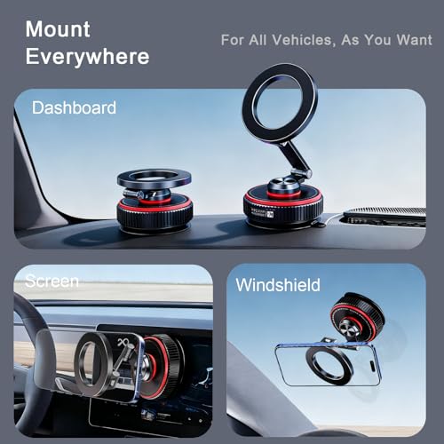 Magnetic Car Phone Mount, 120+ LB Vacuum Suction & 3000gf Magnetic Force, 360° Triple-Axis Adjustable Car Holder for iPhone & All Phones, Twist-Lock Suction Cup, Quick-Release – Black - Image 3