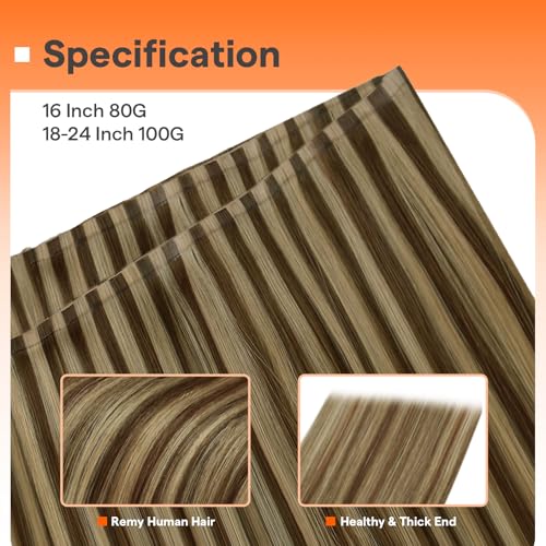 Image of Full Shine Butterfly Weft Hair Extensions Human Hair 20 Inch 100g | Brown Highlights Blonde, Fullness Boost, PU Hole Layer, Straight Natural Look, No Glue No Heat Method