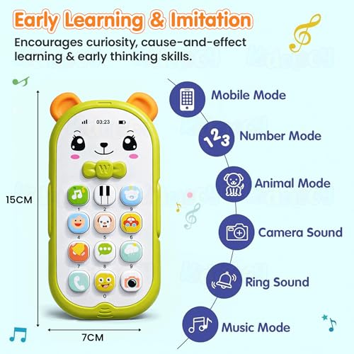 Image of Kidology Baby Phone Toy for Toddlers 12-18 Months | Builds Cognitive Recognition & Early Learning | 12 Mode Musical Phone with Volume Control & Safe Teether | Birthday Gift Boys & Girls (Green)