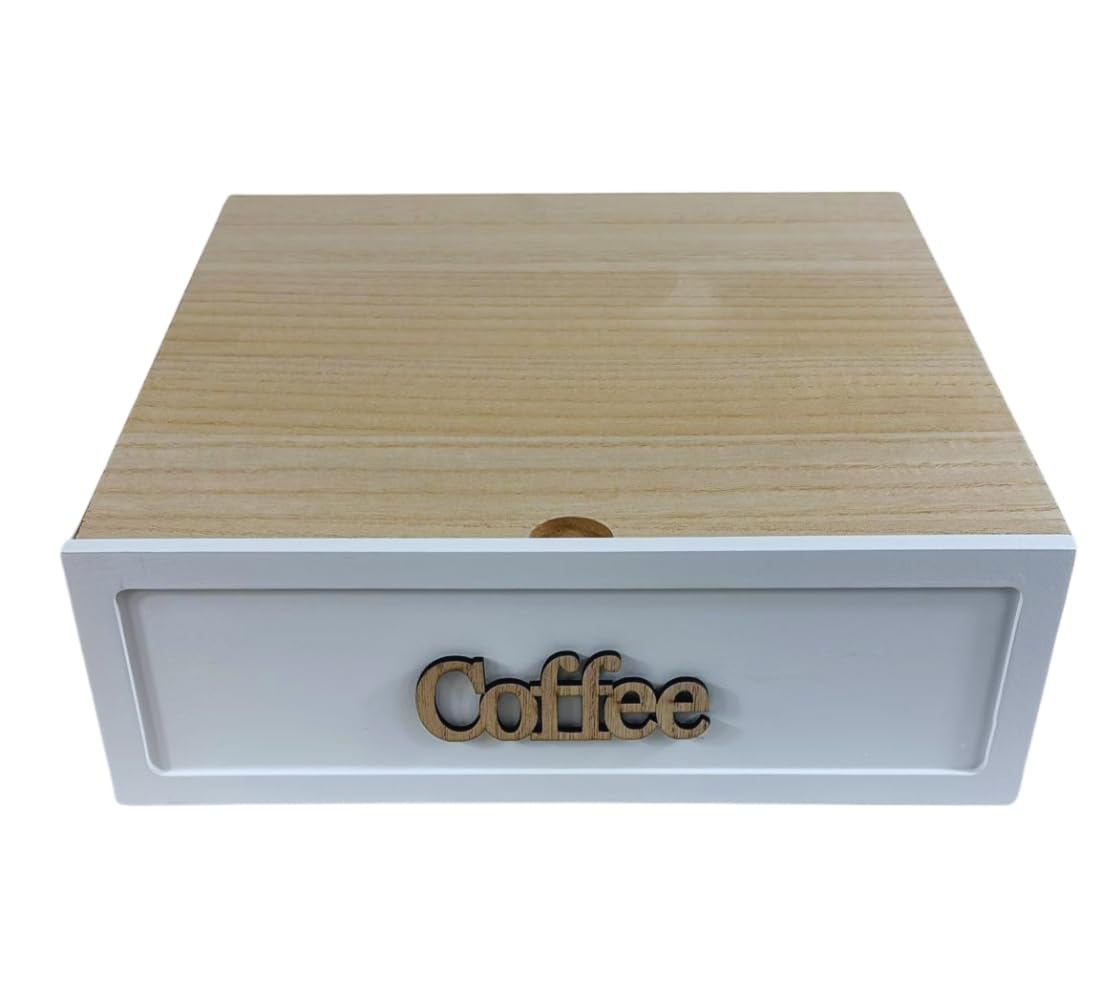 Cassetto in Legno Portacapsule - Cialde, Caffe, Zucchero, Organizer per Ufficio Casa - Contenitore in Legno 3 Scomparti per Cialde Capsule Caffe, 30 x 30 x 10 cm