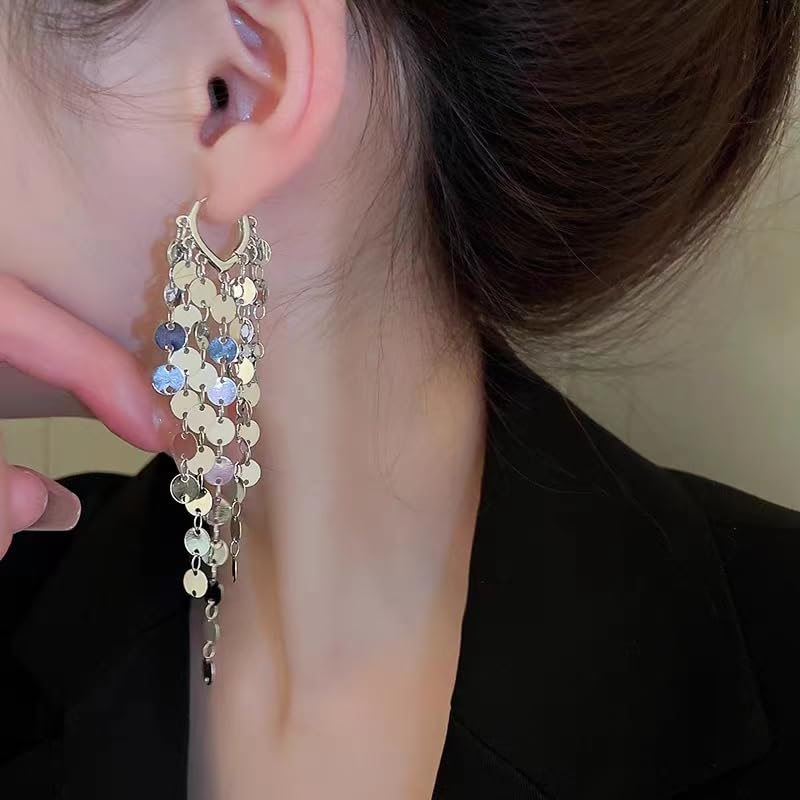 Sequin Metal Tassel Earrings Disc Tassel for Women 18K 14K Gold Plated Trendy Dainty Earrings Lightweight Sparkly Chandelier Hoops Small Leaf3