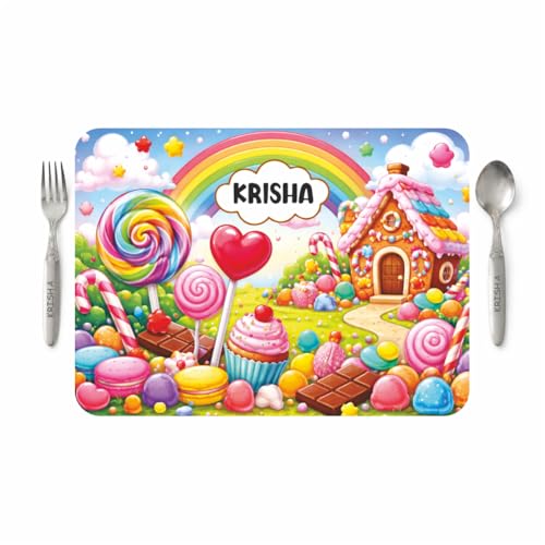 Image of Customized Table Mat with Name & Design Engraving | Personalized Dining Mat with Spoon & Fork | Customized Birthday Gift for Kids (Candy)