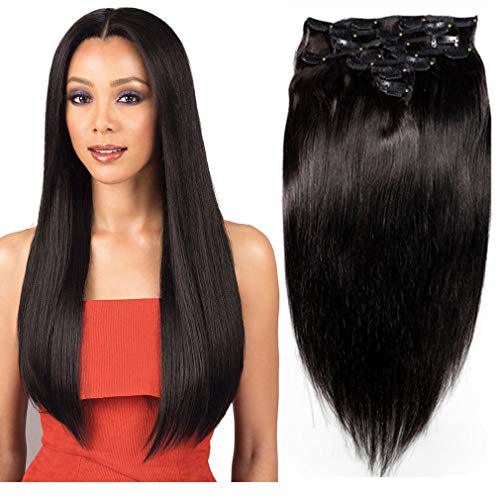 Friskylov 24Inch 120g Clip in Human Hair Extensions Natural Black Straight Real Human Hair Clip in Extesnions Double Weft Thick Hair 8A Grade 8Pcs/Lot with 20Clips in