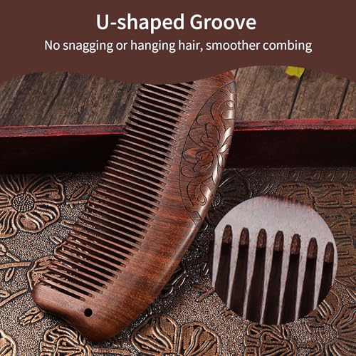 Natural Sandalwood Comb - Anti Static Wooden Comb for Women, Smooth Detangling Fine Tooth Hair Comb, Portable Travel Wood Combs for Curly & Straight Hair