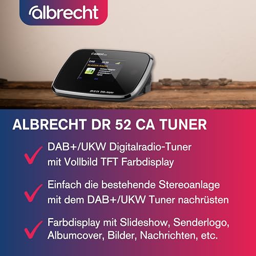 Albrecht DR52CA, 27254, Adapter zum Aufrüsten von HiFi-Anlagen und UKW-Radios zum digitalen DAB+ Empfang, mit Farbdisplay und Antenne, Farbe: Schwarz