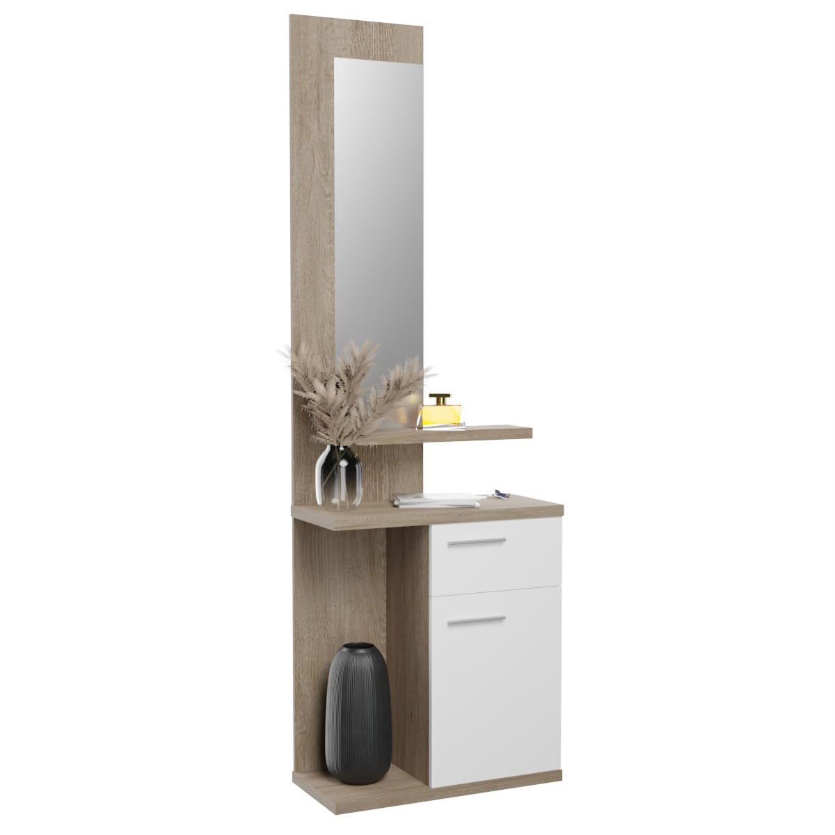 Mueble Recibidor Vertical, Modelo Elvira, Práctico y Funcional, Color Blanco y Roble, Madera, 60,5cm (Largo) x 28cm (Fondo) x 117,5cm (Alto)