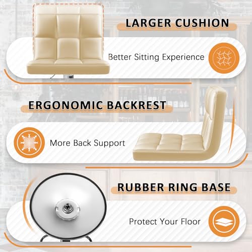 Image of Homall Bar Stools Modern PU Leather Adjustable Swivel Barstools, Armless Hydraulic Kitchen Counter Bar Stool Extra Height Square Island Barstool with Back Set of 2 (Leather, Beige)