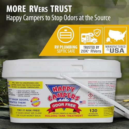 Happy Campers RV Toilet Treatment - 130 Concentrated Doses Value Pack - Septic & RV Plumbing Safe - Maintains Waste Flow - Prevents Odor & Residue Layers for Black and Gray Camper Holding Tanks