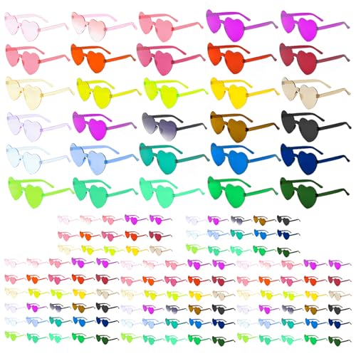 120 Pairs Heart Shaped Sunglasses Transparent Colored Rimless Heart Glasses Fun Plastic Sunglasses Bulk for Women Men Party Favors Eyewear, 30 Colors