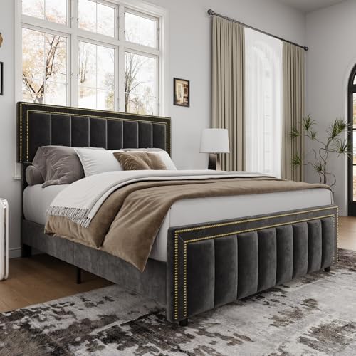 Image of BarnFurin Queen Size Bed Frame, 50 inch Tall Headboard & Footboard, Chenille Fabric Upholstered Bed with Vertical Tufting & Nailhead Trim, No Box Spring Required, Black